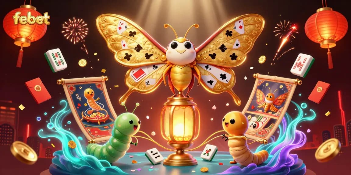 Engage with febet's vibrant casino world featuring golden butterflies and enticing game elements