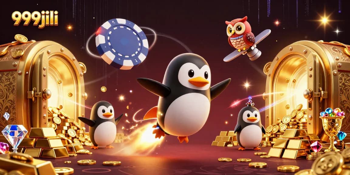 Engage in thrilling gameplay at 999jili with our vibrant 3D illustration showcasing golden penguins and casino excitement.