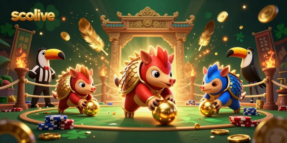 Socolive features a dynamic 3D scene with rival pangolins engaging in a lively betting game amid colorful backgrounds.