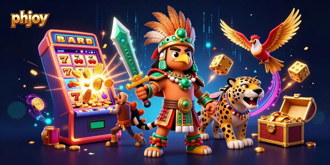 Experience thrilling gaming action with phjoy's vibrant casino illustration, showcasing exciting slot machines and dynamic characters.