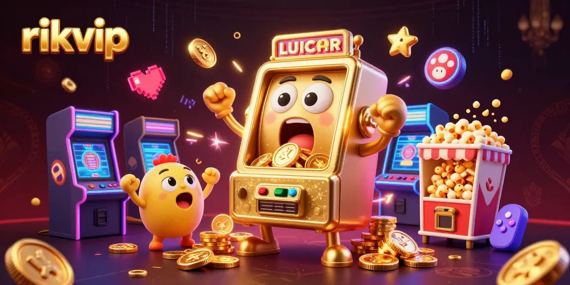 rikvip's lively slot machine hits a jackpot, surrounded by fun arcade elements and cheering machines.