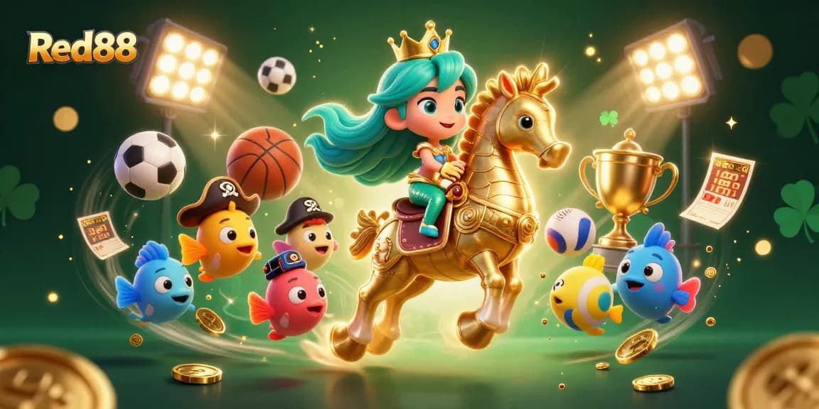 Experience the excitement of Red88 with a vibrant casino scene featuring animated characters and sports elements.