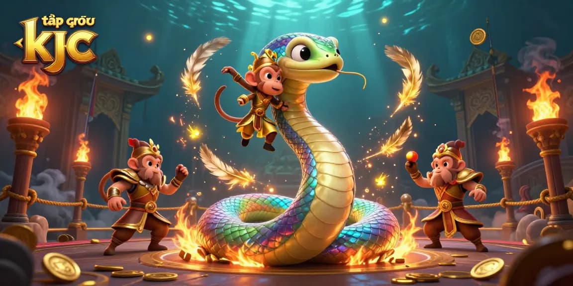 Engage with vibrant gameplay at tập đoàn kjc featuring a dynamic rainbow serpent and playful monkey king.
