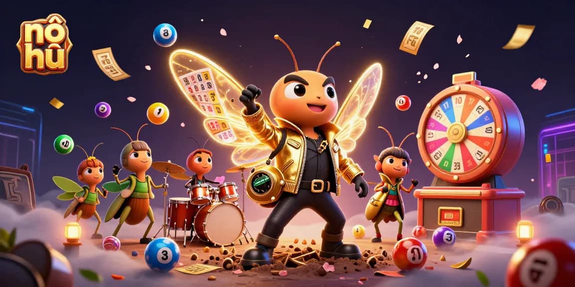Experience the excitement of nổ hũ with vibrant lottery elements and energetic characters in a dynamic casino scene.