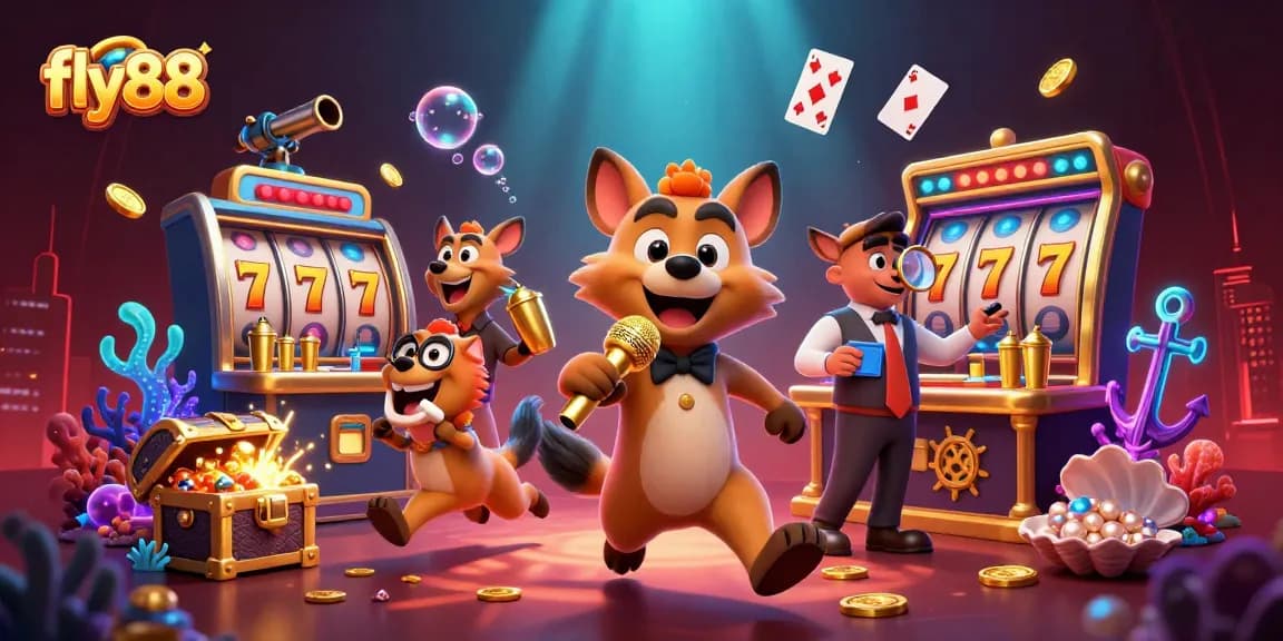 Experience exciting casino fun at fly88 with a lively scene of hyenas, cards, and rich treasures.