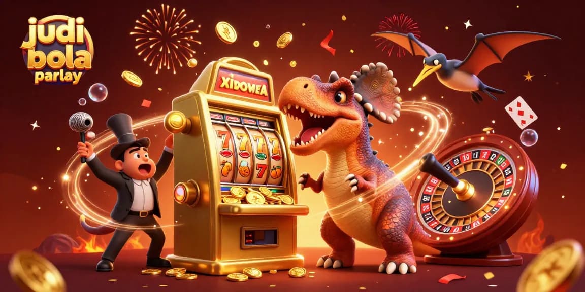 Engage in judi bola parlay with a cartoon dinosaur winning jackpot coins at a golden slot machine