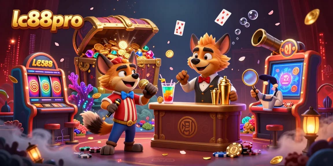Engage in thrilling games at lc88pro casino with vibrant characters in a lively digital illustration.