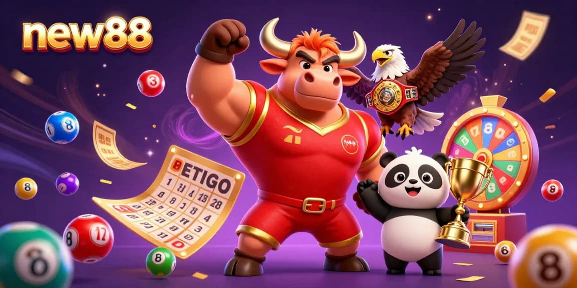 Experience the excitement at new88 with vibrant lottery elements and champions celebrating their wins.