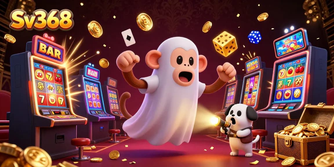 Experience the excitement of Sv368's vibrant casino atmosphere with a playful poltergeist monkey and a curious puppy.