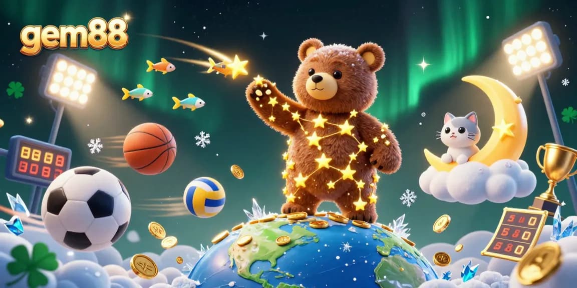 Experience thrilling wins at gem88 with an enchanting casino scene featuring sports elements and golden stars.