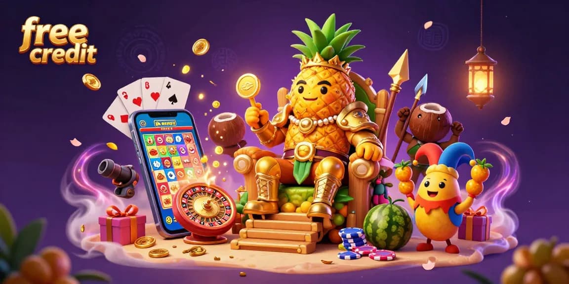 Engage with free credit bonuses while experiencing a vibrant casino scene with animated characters and game elements.