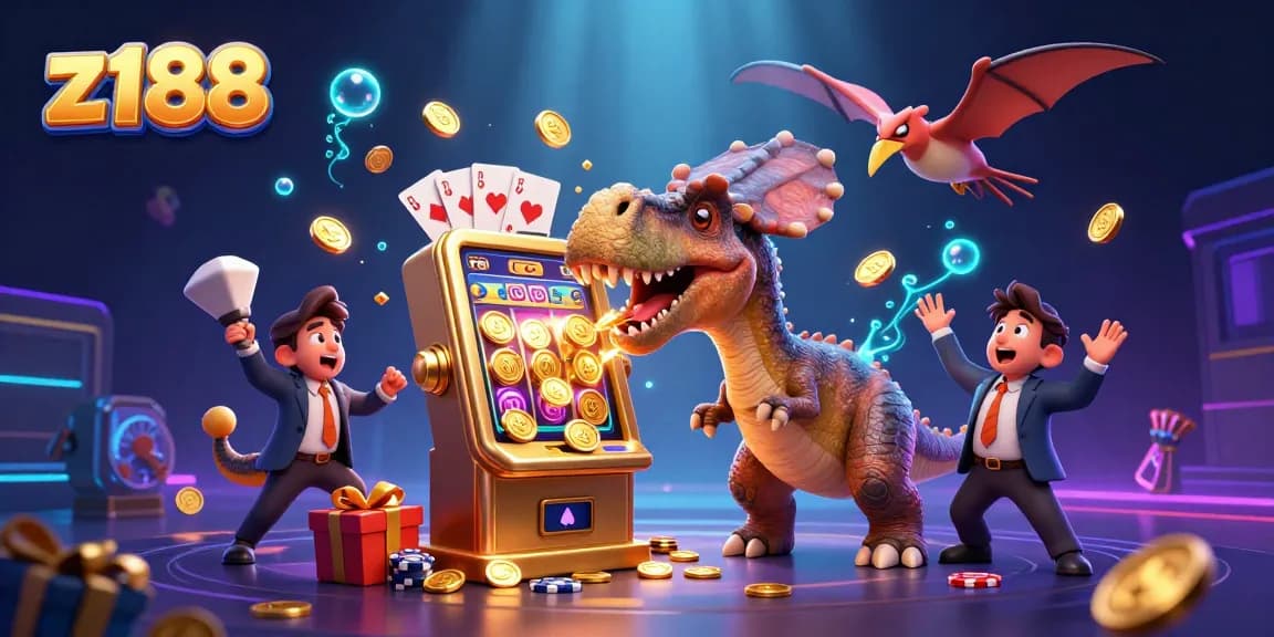 Z188 players enjoying thrilling wins as a pachycephalosaurus hits a jackpot in a vibrant casino scene.