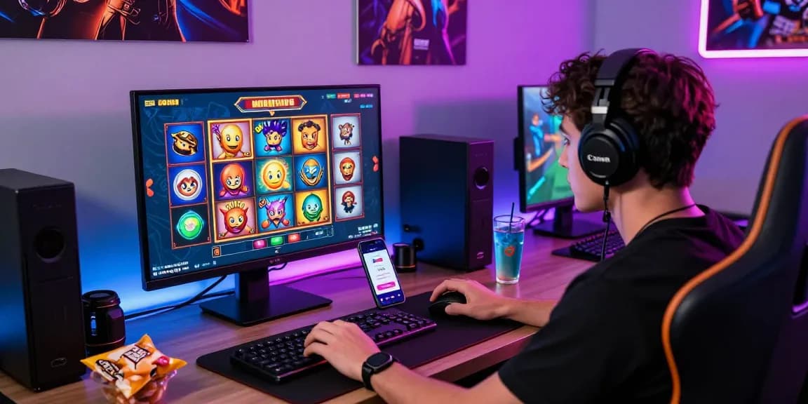 Engaging gameplay scene with a player playing slots on a desktop and depositing via pulsa 10k tanpa potongan, showcasing a modern gaming environment.