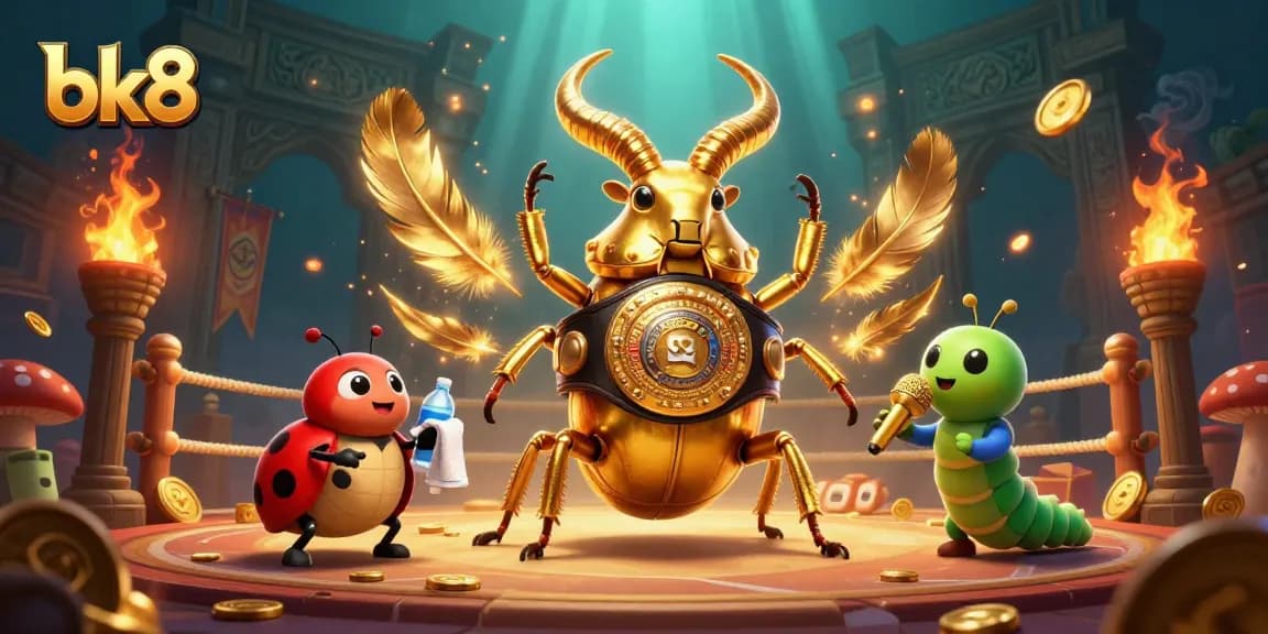 Engage in thrilling bk8 betting with the giant golden beetle champion in a dynamic casino fight scene.