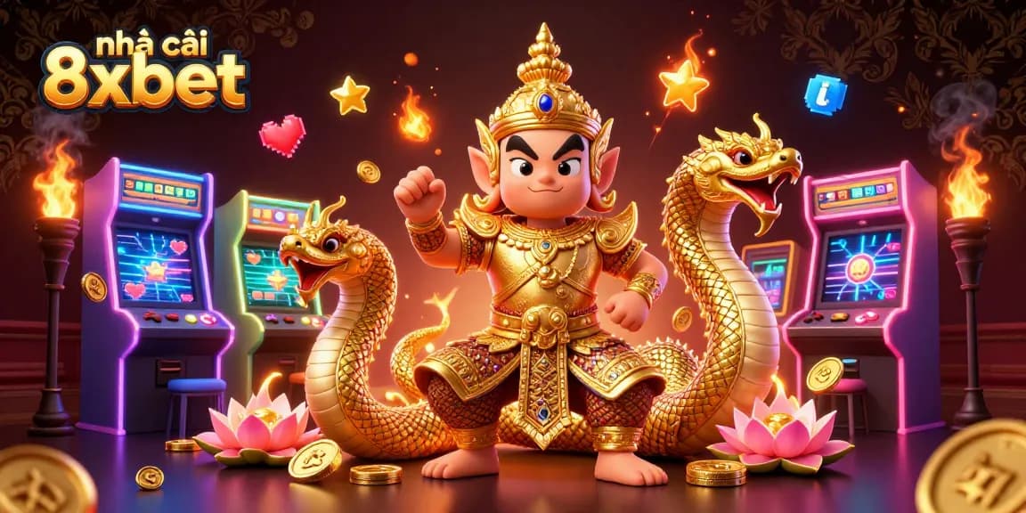 Play games at nhà cái 8xbet with a striking 3D gambling illustration showcasing vibrant casino elements.