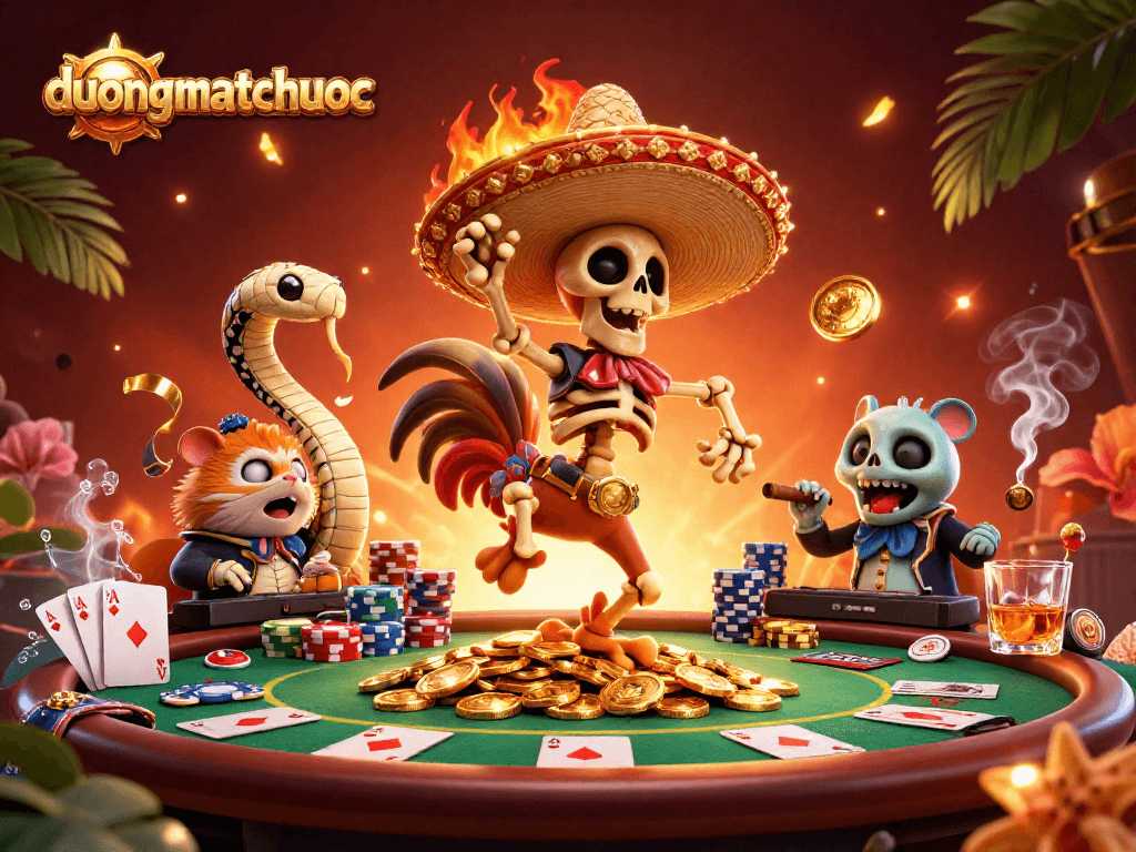 A skeleton mariachi rooster celebrates a big win in duongmatchuoc with poker chips and cards, showcasing a vibrant casino scene.