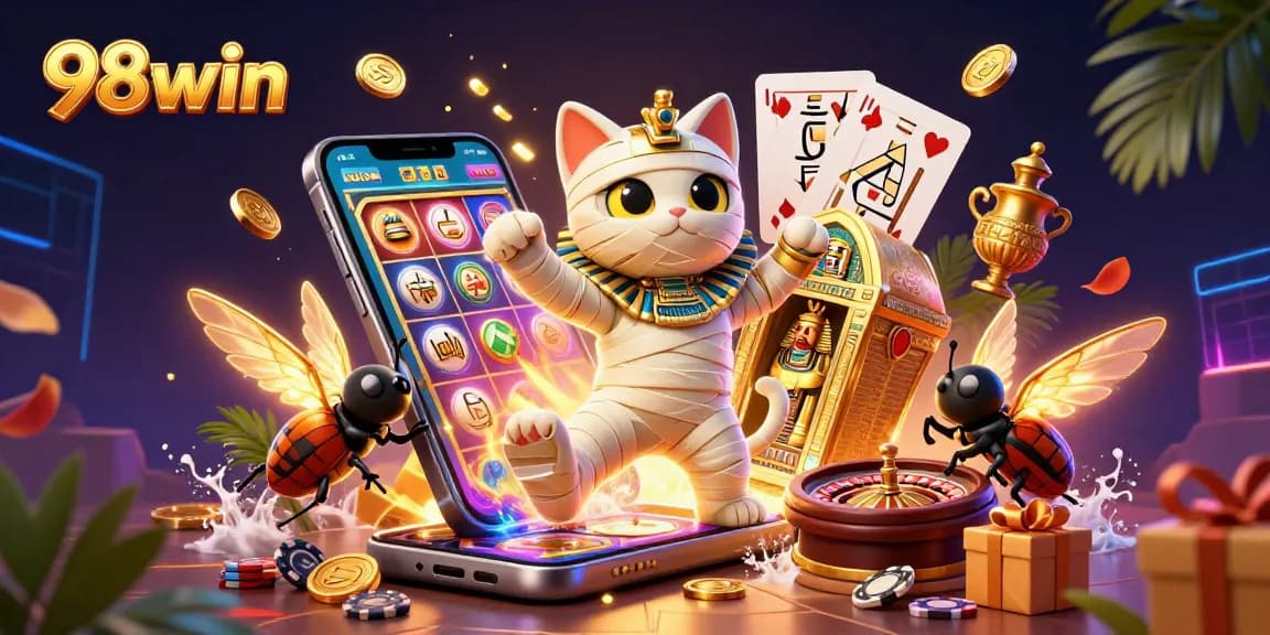 Experience thrilling casino adventures with 98win, featuring a mummy cat and scarab beetle in an electrifying pyramid setup.