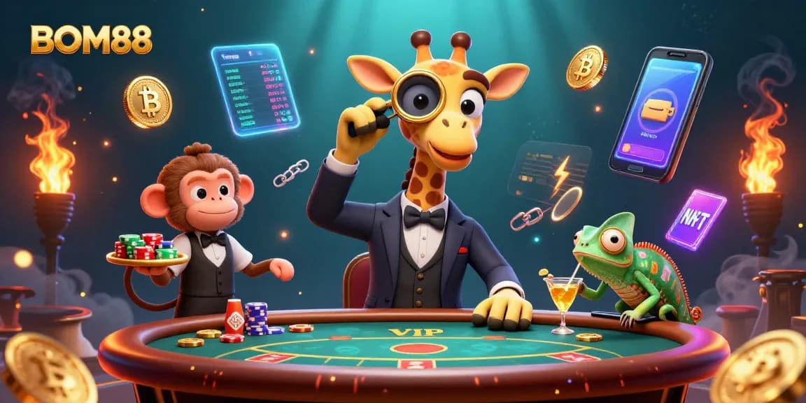 Experience thrilling gameplay at BOM88 with a high-roller giraffe and vibrant casino scene.