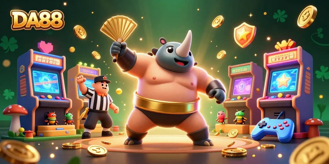 Engage with DA88 as a cartoon beetle champion stomps coins in a vibrant casino scene