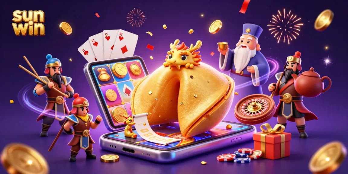 Experience sun win's thrilling games with a vibrant fantasy scene featuring a golden fortune cookie and dynamic casino elements.