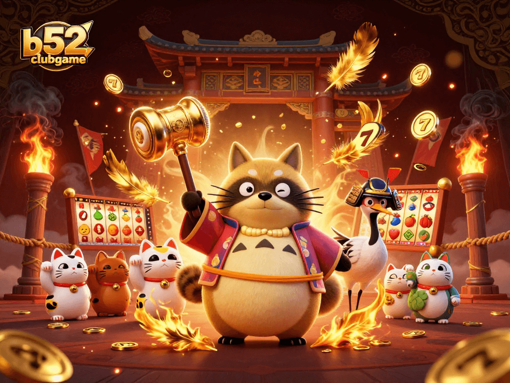 Experience exciting gameplay with b52clubgame’s vibrant casino illustration featuring lucky symbols and festive characters.