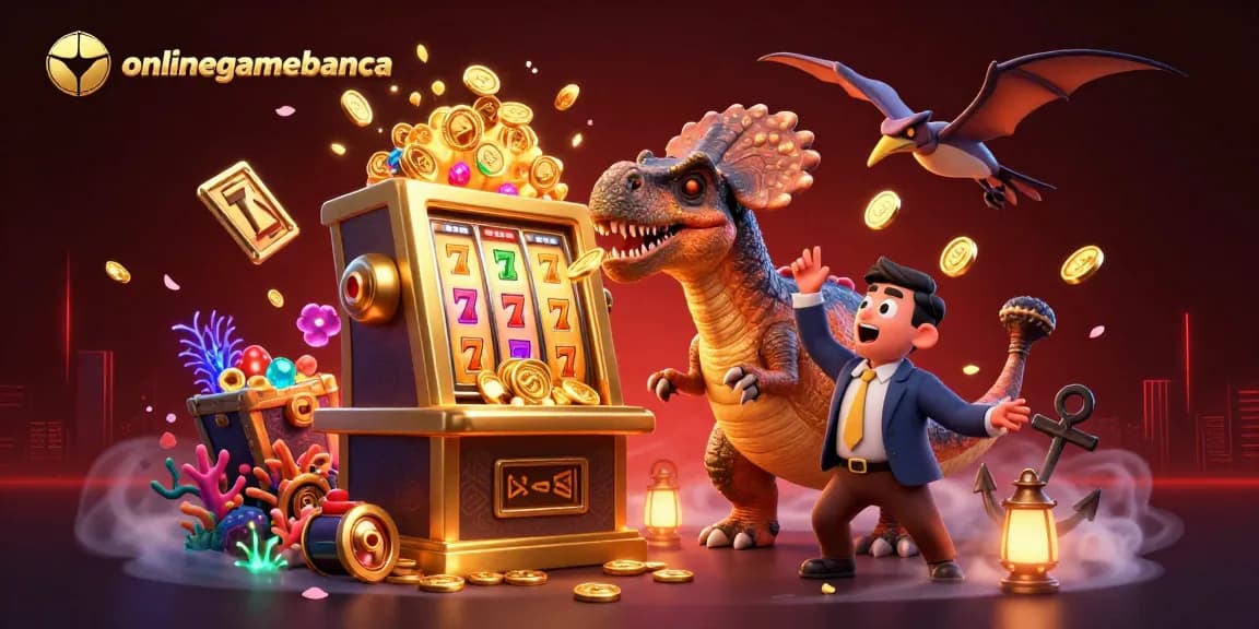 onlinegamebanca showcases a pachycephalosaurus winning jackpots at a bustling casino scene.