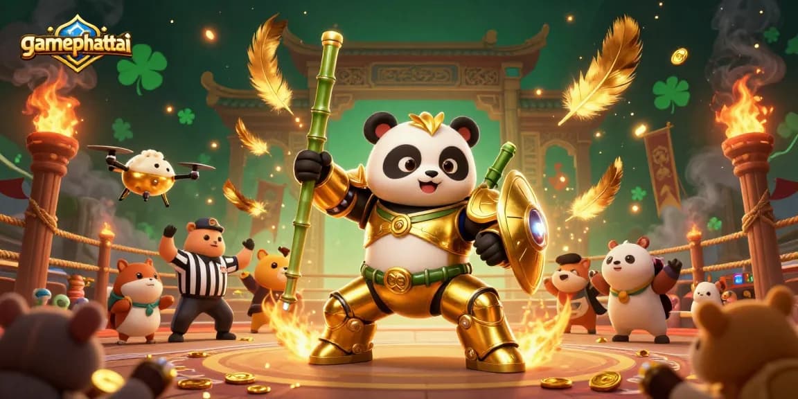 Spin the reels with gamephattai's golden panda piloting a thrilling gambling robot in a vibrant arena.