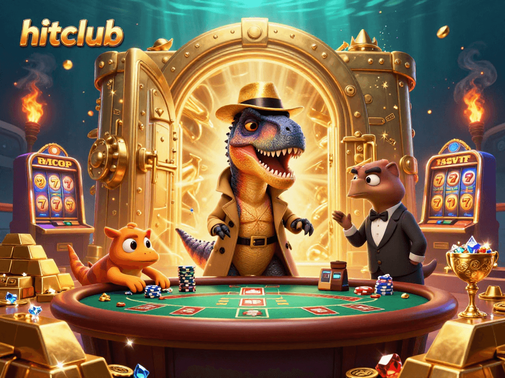 hitclub features a velociraptor card counter at blackjack surrounded by dynamic casino elements.