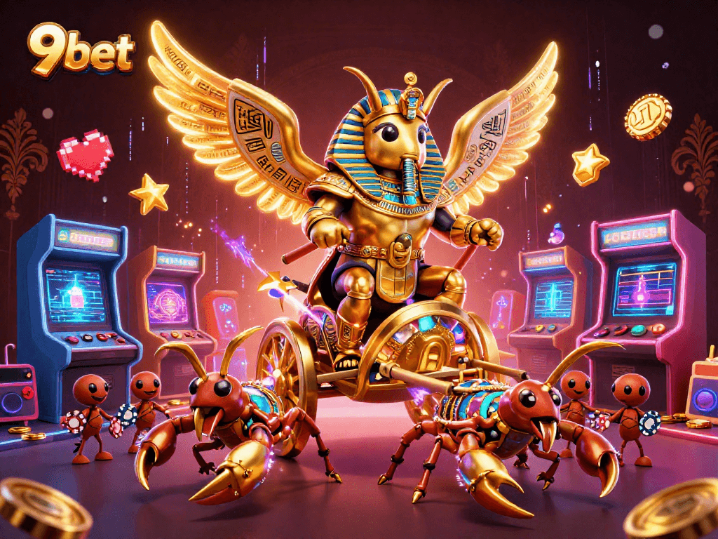 Experience thrilling 9bet adventures with an elaborate casino-themed illustration featuring animated game elements.