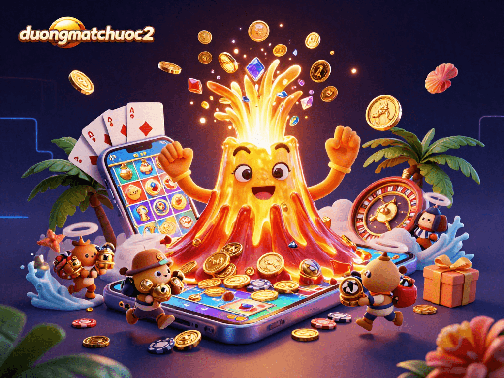 Experience duongmatchuoc2 excitement in a vibrant 3D illustration with treasure-filled volcano and dynamic casino elements.