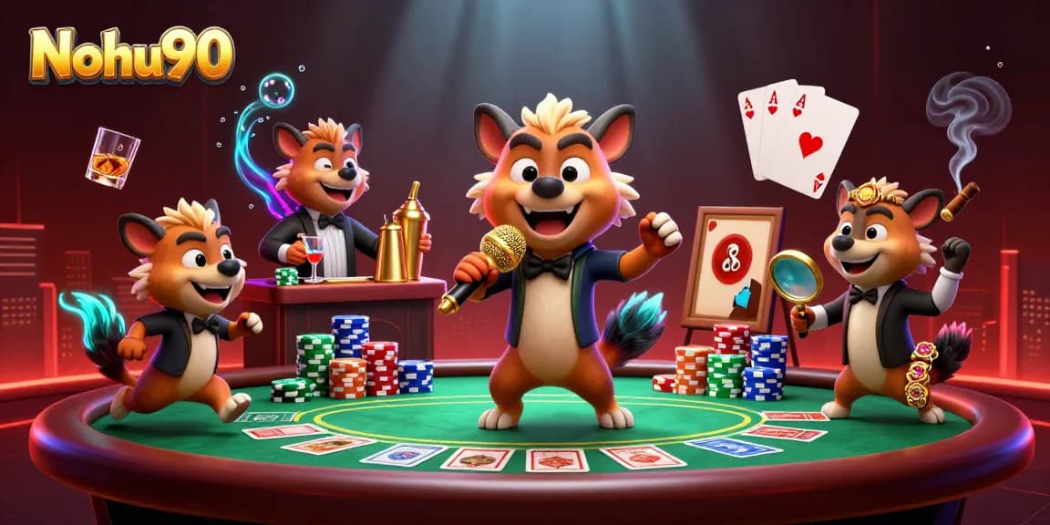 Nohu90 hyenas entertain in a vibrant casino scene, showcasing a stand-up comedian, bartender, and bouncer with dynamic gaming elements.