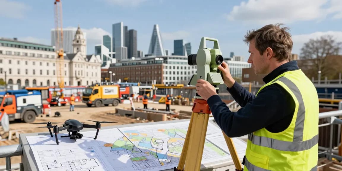 Topographical surveys London conducted by a professional surveyor on an urban construction site.
