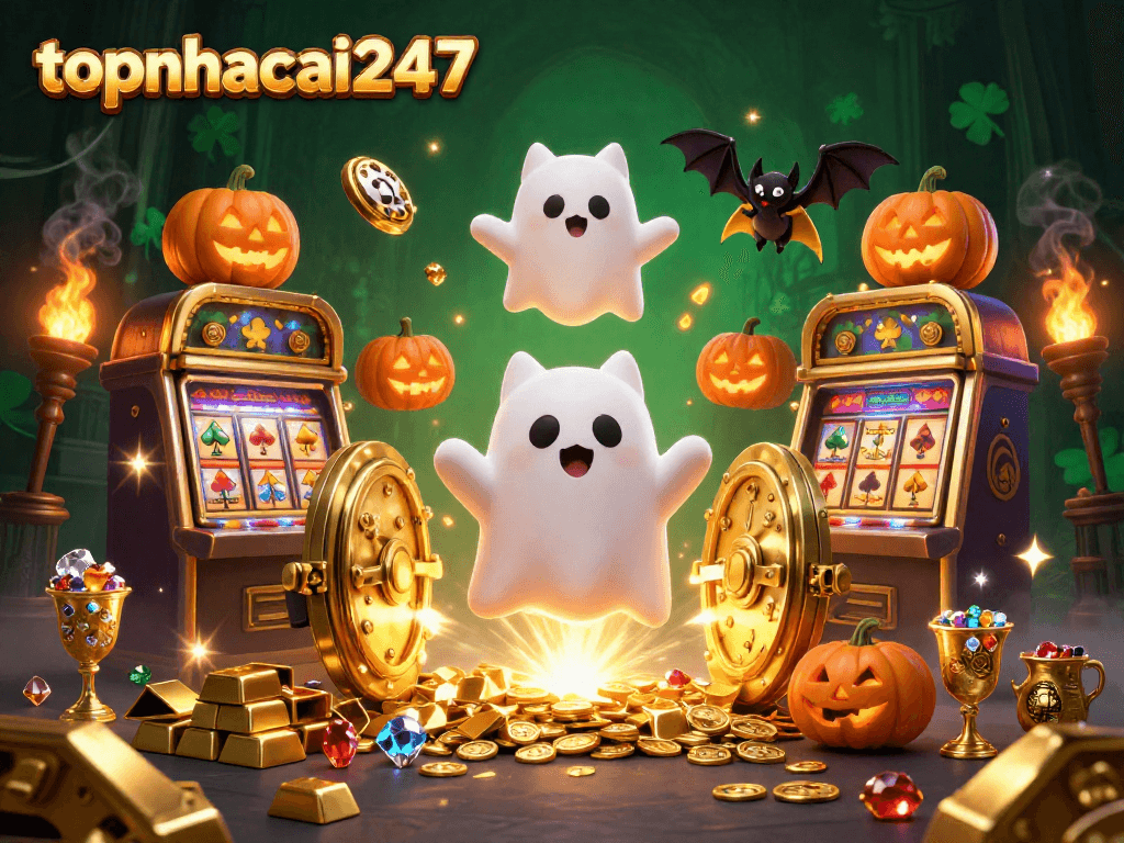Experience excitement with topnhacai247 as a friendly ghost cat and a vampire bat explore a vibrant haunted casino.
