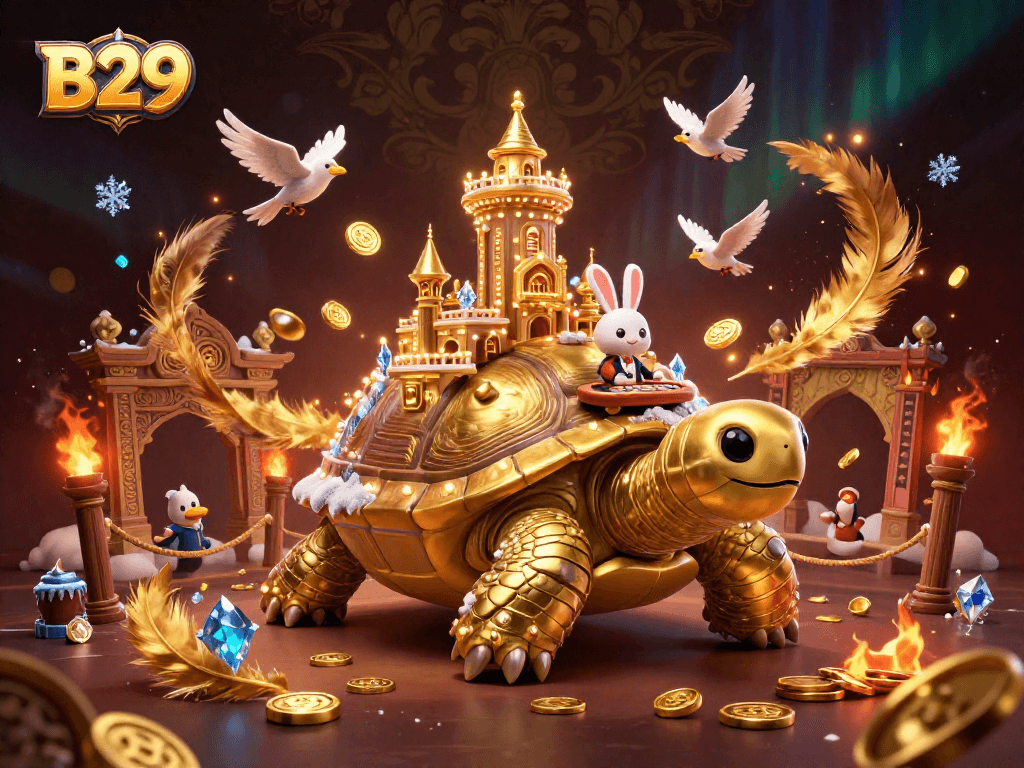 B29 showcases a vibrant 3D casino scene with a golden tortoise and a rabbit dealer, spinning golden coins in a dynamic display.