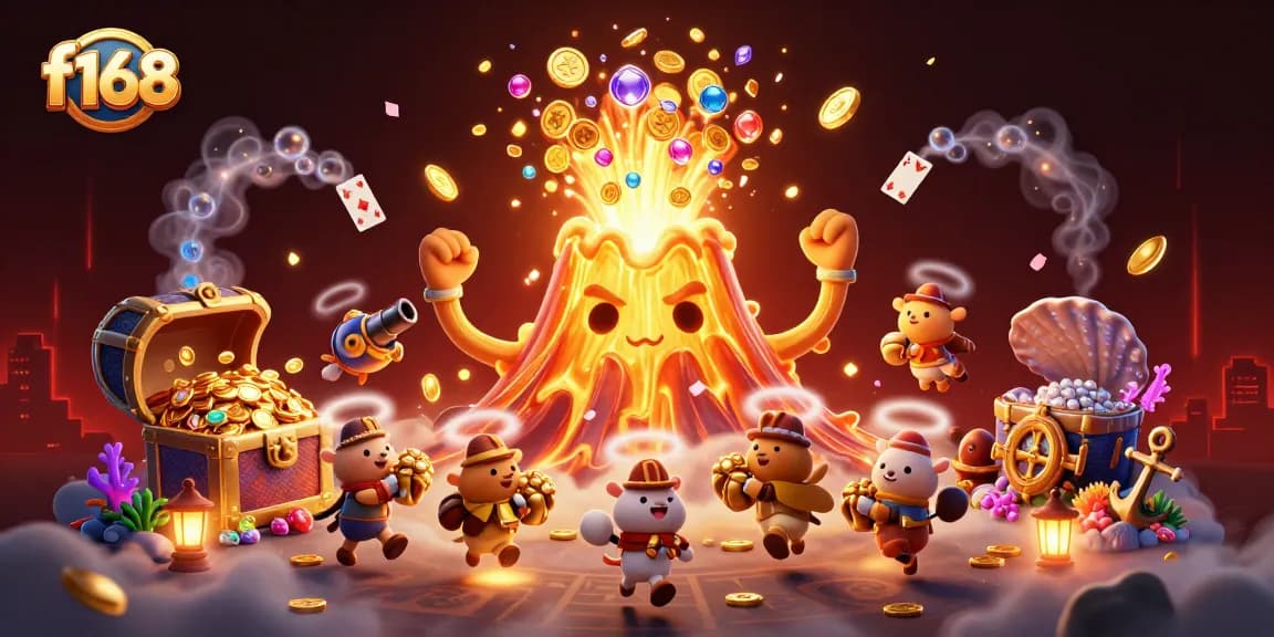 Experience the thrill of f168's vibrant casino world with treasures erupting in a magical scene.