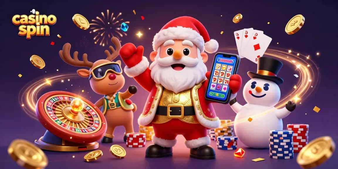 Experience the excitement of casino spin with Santa and friends embracing jackpot fun.