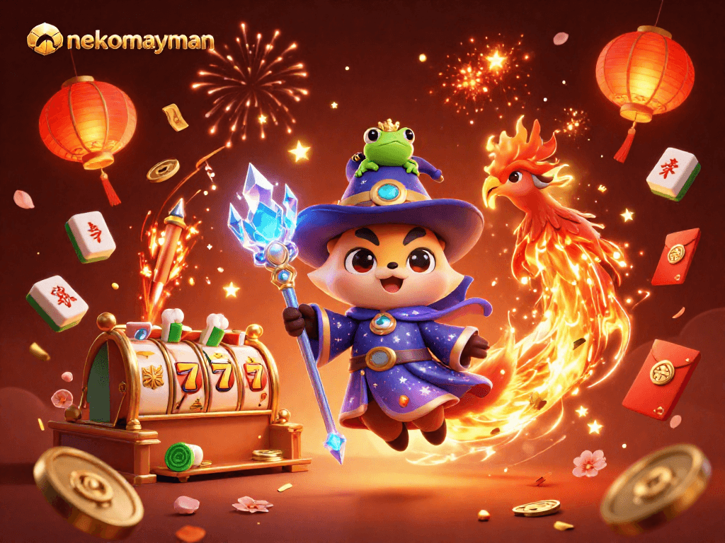 Experience the thrilling spins of nekomayman with vibrant characters and slot reels in a festive setting.