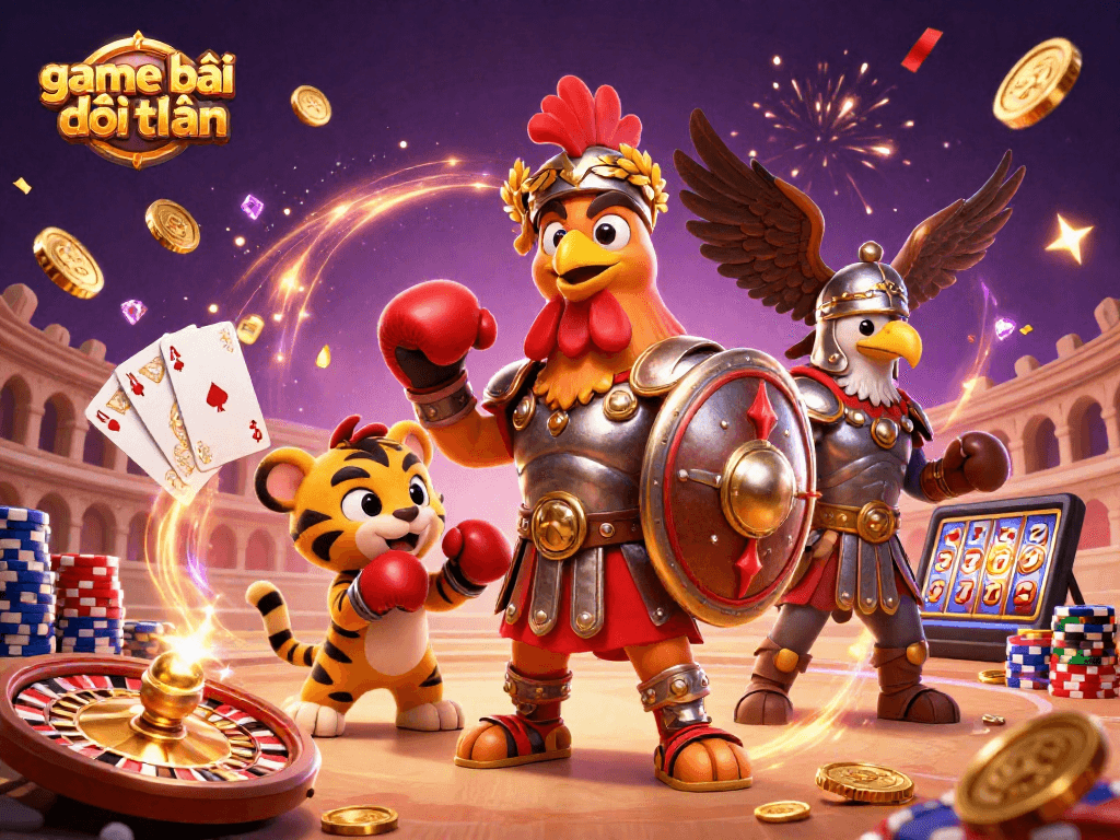 Experience the excitement of game bài đổi thưởng with a gladiator rooster and casino elements.