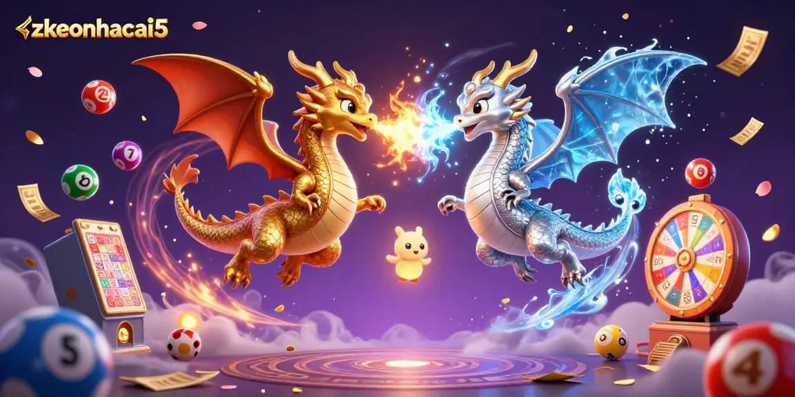 Engage with zkeonhacai5 through a vibrant 3D illustration showcasing dragons and lottery elements.
