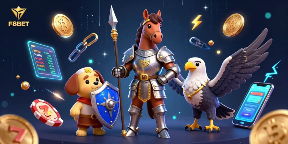 Join the adventure with F8BET in this vibrant 3D scene showcasing medieval knight elements and crypto gaming.