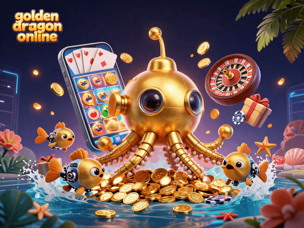 Spin the reels of golden dragon online amidst golden coins and captivating game symbols.