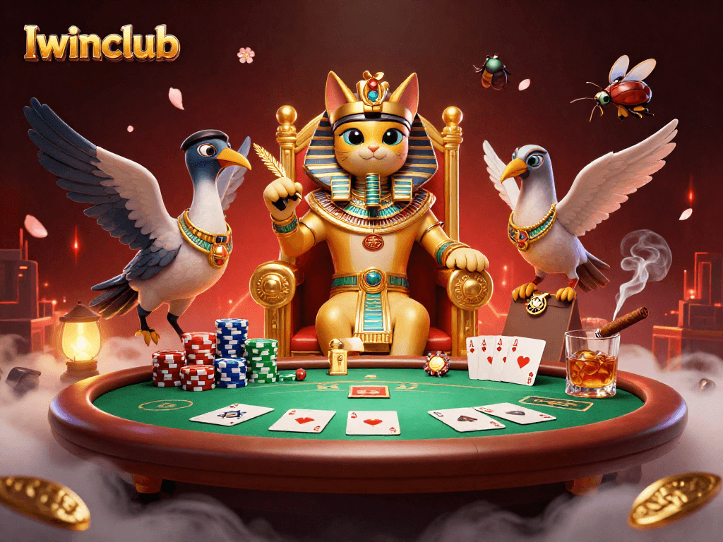 Iwinclub presents a lively poker scene featuring a royal-themed Egyptian cat and vibrant game elements.