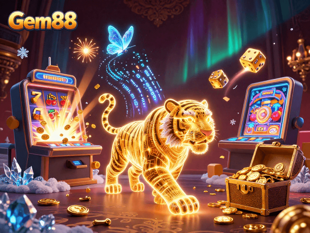 Engage with Gem88's thrilling casino experience showcasing a golden tiger with vibrant jackpot elements.