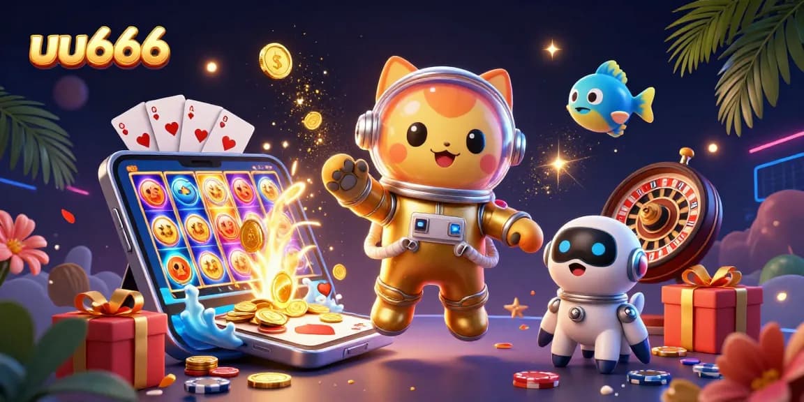 Spin the reels in style with uu666's vibrant 3D galaxy casino scene, featuring a cosmic cat and cool game elements.