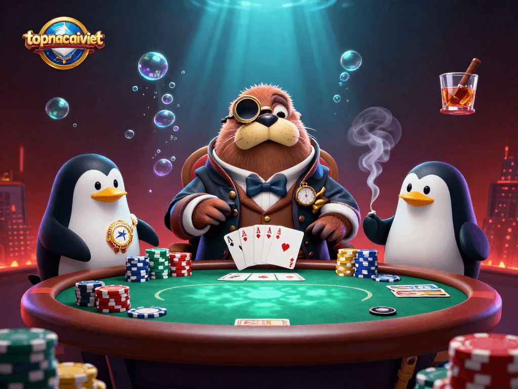 Engage in high-stakes poker with topnhacaiviet characters at an underwater casino table.
