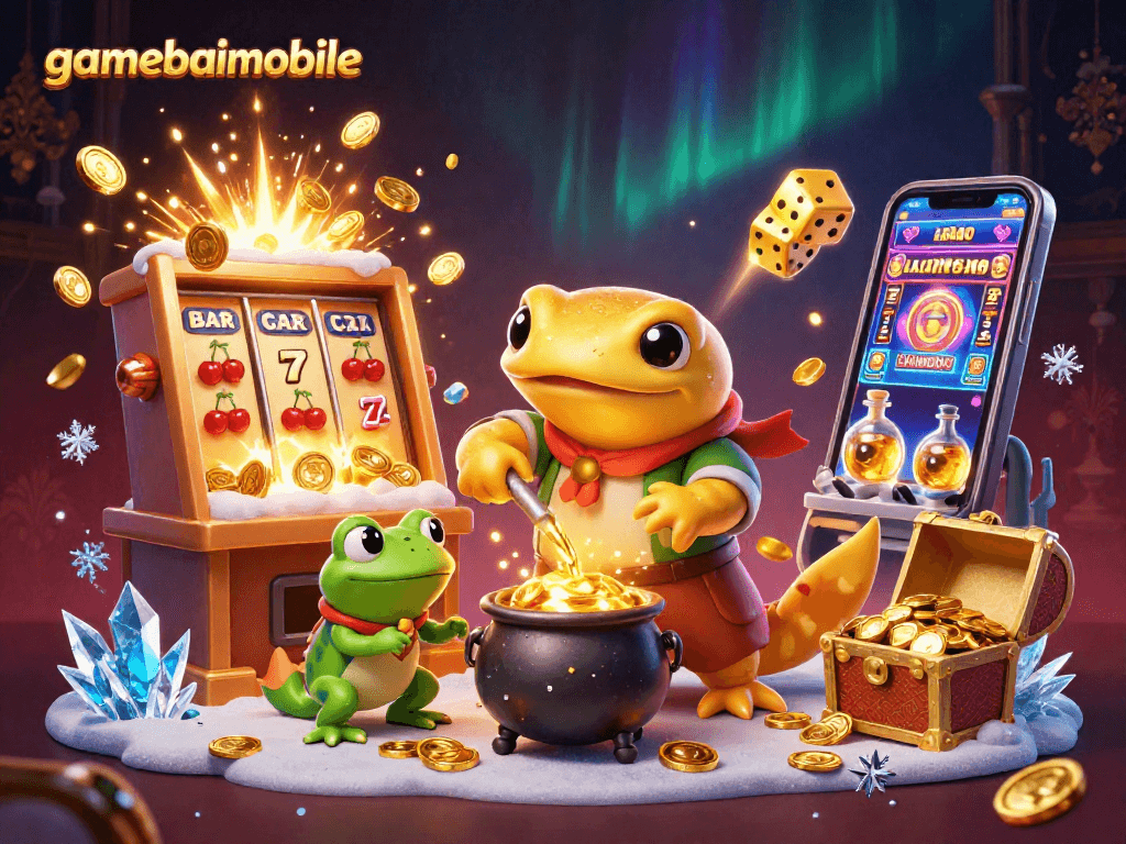 gamebaimobile features a lively casino scene with alchemists and jackpot excitement.