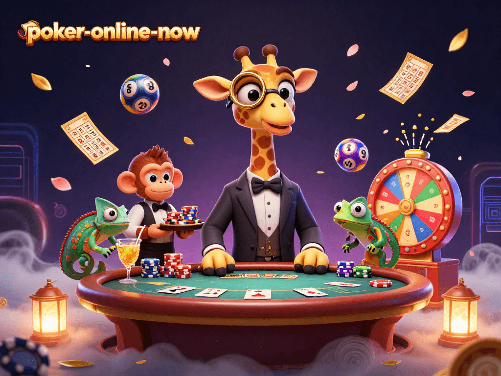 Engage in exciting poker action with poker-online-now featuring a high-roller giraffe, monkey valet, and chameleon bartender.