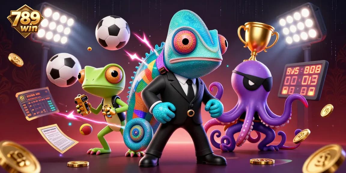 Launch into action with the 789win dynamic casino scene featuring an adventurous chameleon and gadgets.