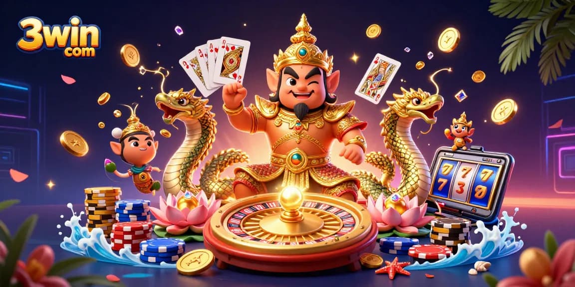Experience the excitement of 3win com with vibrant casino elements showcasing spinning roulette and dazzling poker stacks.