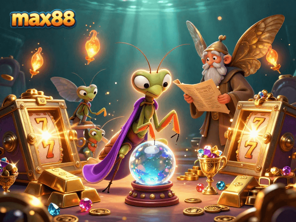 Experience the magic of max88 with a vibrant casino scene featuring a fortune teller and enchanting jewels.
